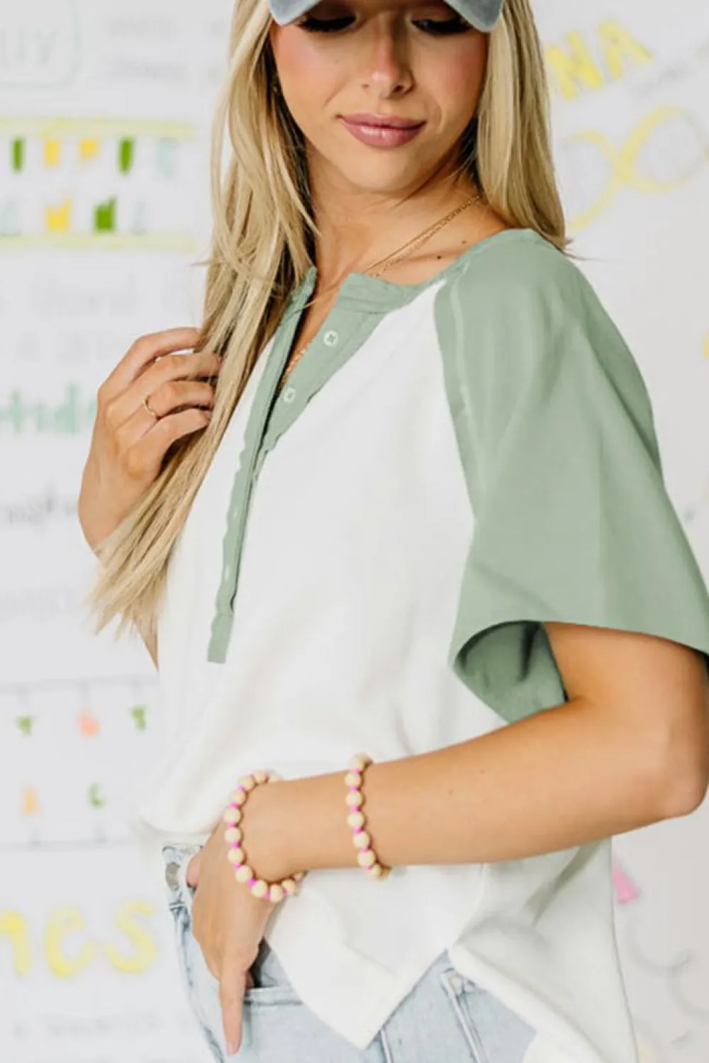 New Dear-Lover Colorblock Raglan Short Sleeve Half Buttons High Low T Shirt Clearly Aqua