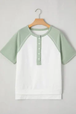 New Dear-Lover Colorblock Raglan Short Sleeve Half Buttons High Low T Shirt Clearly Aqua