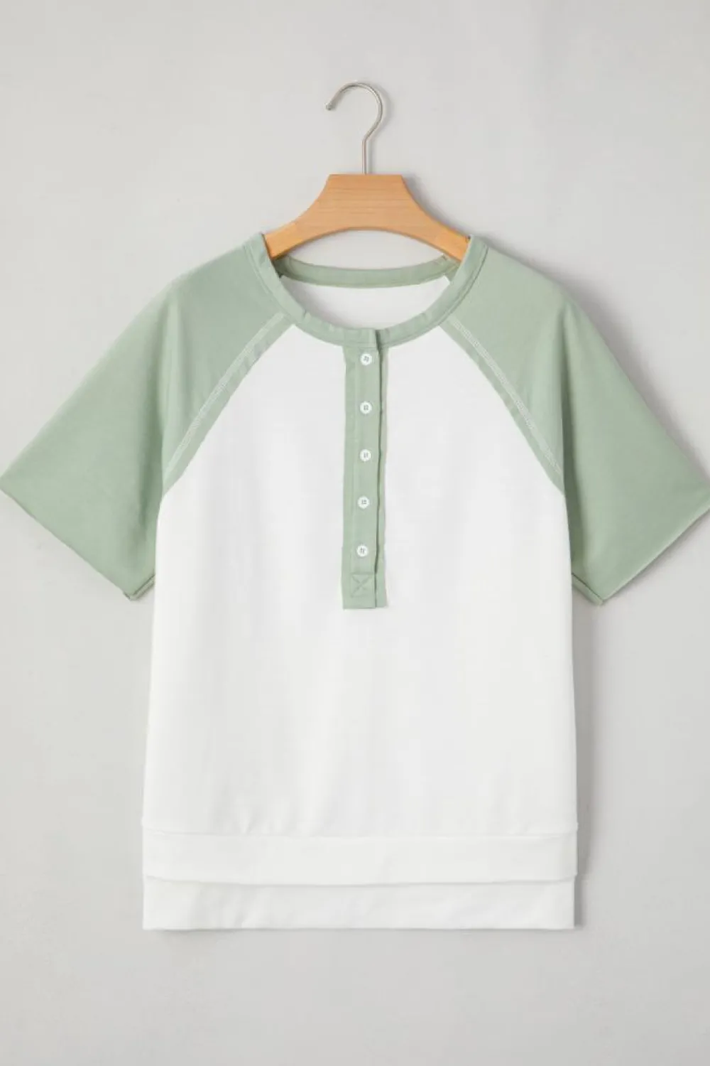 New Dear-Lover Colorblock Raglan Short Sleeve Half Buttons High Low T Shirt Clearly Aqua