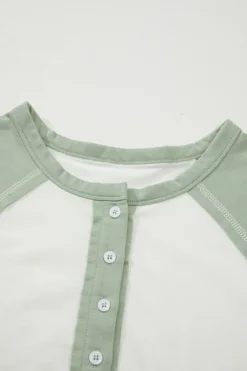 New Dear-Lover Colorblock Raglan Short Sleeve Half Buttons High Low T Shirt Clearly Aqua