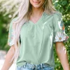 Hot Dear-Lover Floral Embroidered Puff Sleeve Split Neck Blouse Clearly Aqua