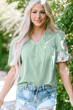 Hot Dear-Lover Floral Embroidered Puff Sleeve Split Neck Blouse Clearly Aqua