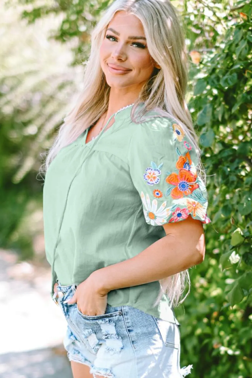 Hot Dear-Lover Floral Embroidered Puff Sleeve Split Neck Blouse Clearly Aqua