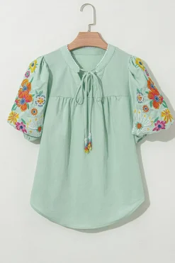 Hot Dear-Lover Floral Embroidered Puff Sleeve Split Neck Blouse Clearly Aqua