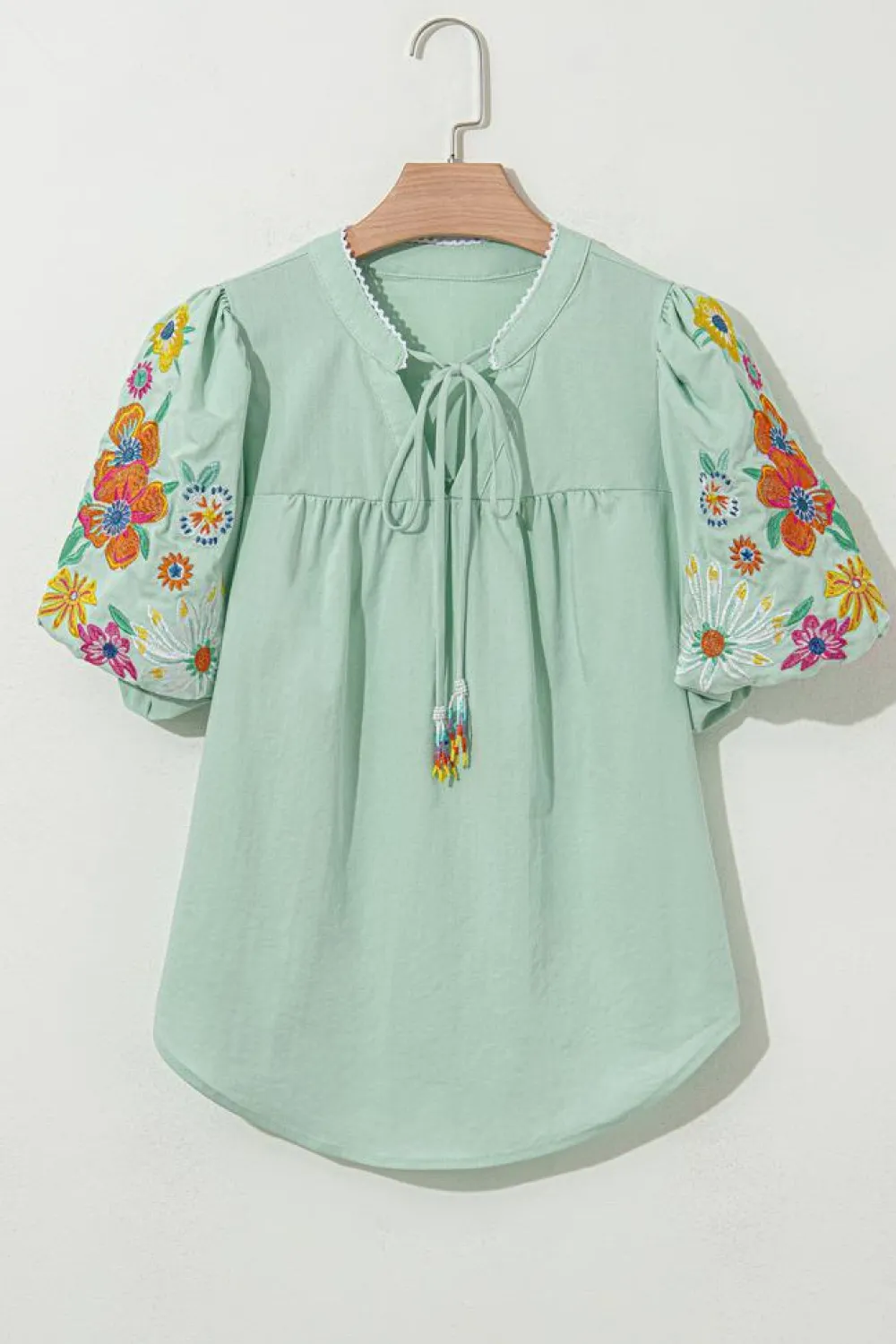 Hot Dear-Lover Floral Embroidered Puff Sleeve Split Neck Blouse Clearly Aqua