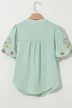 Hot Dear-Lover Floral Embroidered Puff Sleeve Split Neck Blouse Clearly Aqua