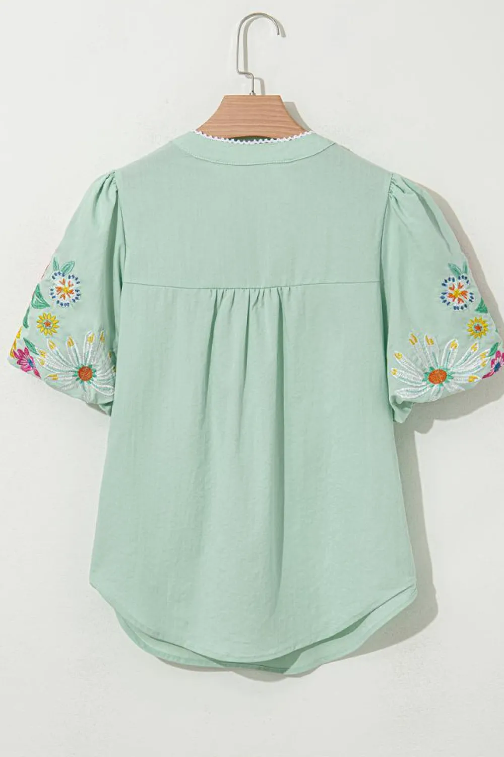 Hot Dear-Lover Floral Embroidered Puff Sleeve Split Neck Blouse Clearly Aqua