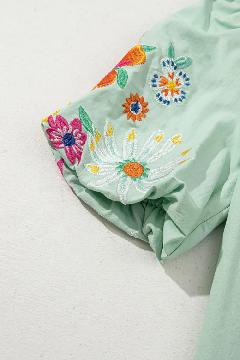 Hot Dear-Lover Floral Embroidered Puff Sleeve Split Neck Blouse Clearly Aqua