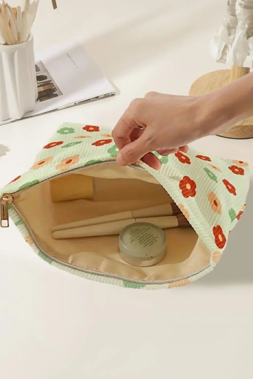 Sale Dear-Lover Flower Print Corduroy Zipper Makeup Storage Bag Clearly Aqua