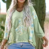 Fashion Dear-Lover Oversized Floral Peace Sign Graphic Patchwork Knit Hooded Top Clearly Aqua