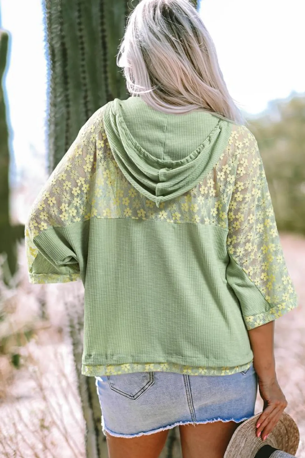 Fashion Dear-Lover Oversized Floral Peace Sign Graphic Patchwork Knit Hooded Top Clearly Aqua