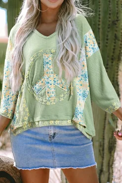 Fashion Dear-Lover Oversized Floral Peace Sign Graphic Patchwork Knit Hooded Top Clearly Aqua