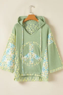 Fashion Dear-Lover Oversized Floral Peace Sign Graphic Patchwork Knit Hooded Top Clearly Aqua