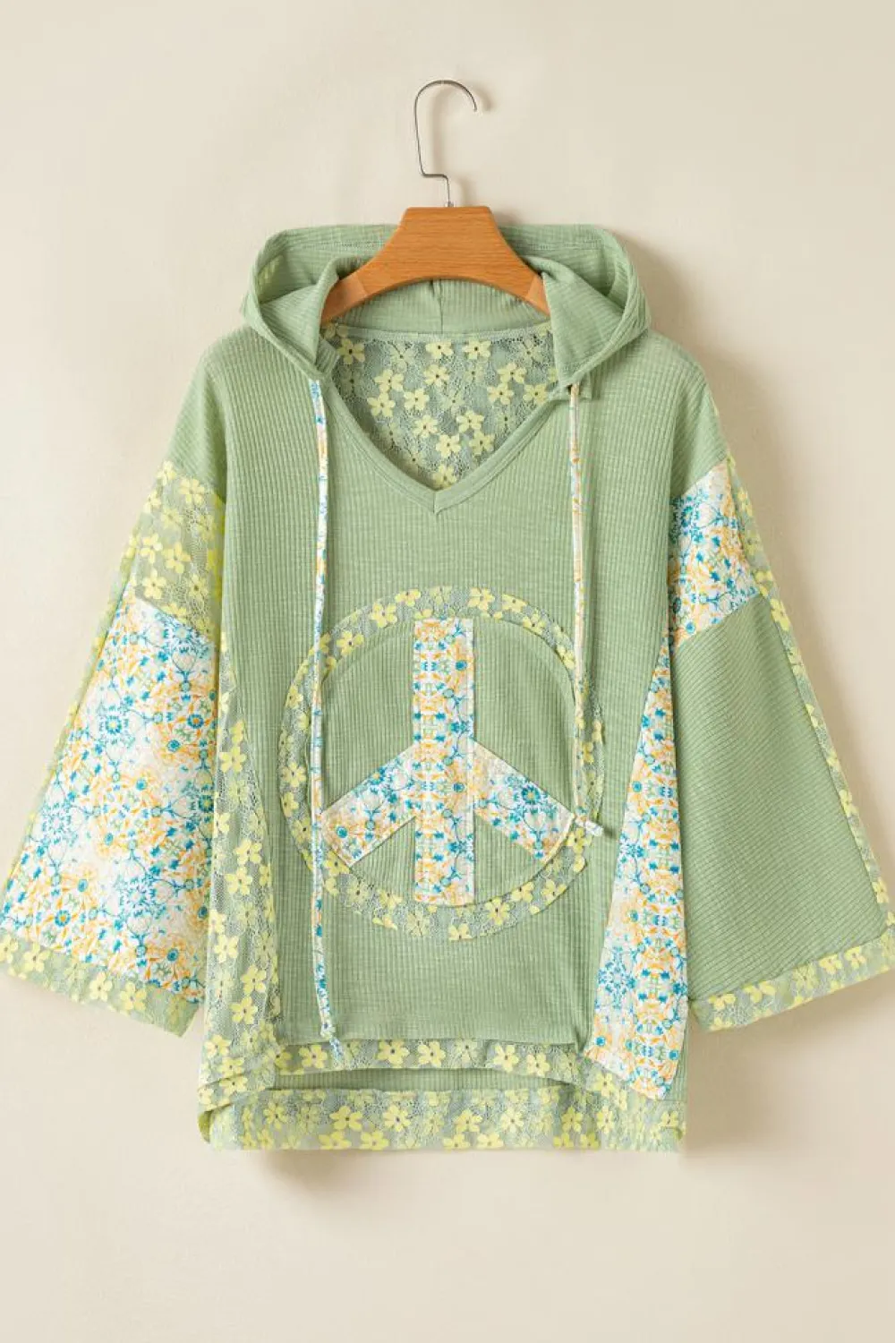 Fashion Dear-Lover Oversized Floral Peace Sign Graphic Patchwork Knit Hooded Top Clearly Aqua