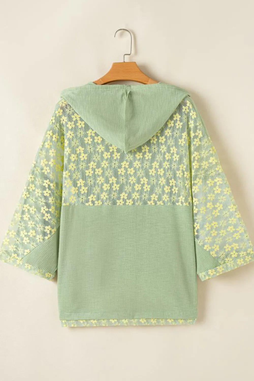 Fashion Dear-Lover Oversized Floral Peace Sign Graphic Patchwork Knit Hooded Top Clearly Aqua