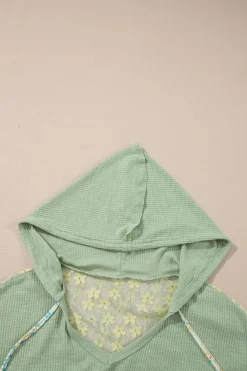 Fashion Dear-Lover Oversized Floral Peace Sign Graphic Patchwork Knit Hooded Top Clearly Aqua