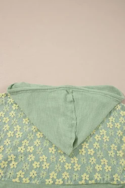 Fashion Dear-Lover Oversized Floral Peace Sign Graphic Patchwork Knit Hooded Top Clearly Aqua