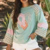 Sale Dear-Lover Plaid Floral Peace Heart Graphic Wide Long Sleeve Top Clearly Aqua
