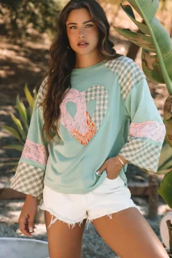 Sale Dear-Lover Plaid Floral Peace Heart Graphic Wide Long Sleeve Top Clearly Aqua