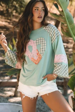 Sale Dear-Lover Plaid Floral Peace Heart Graphic Wide Long Sleeve Top Clearly Aqua