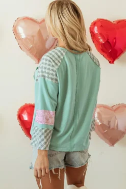 Sale Dear-Lover Plaid Floral Peace Heart Graphic Wide Long Sleeve Top Clearly Aqua