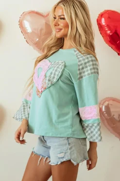 Sale Dear-Lover Plaid Floral Peace Heart Graphic Wide Long Sleeve Top Clearly Aqua