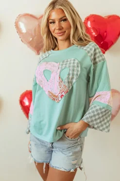 Sale Dear-Lover Plaid Floral Peace Heart Graphic Wide Long Sleeve Top Clearly Aqua
