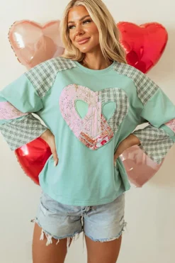 Sale Dear-Lover Plaid Floral Peace Heart Graphic Wide Long Sleeve Top Clearly Aqua