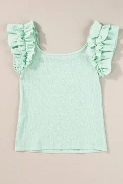 Online Dear-Lover Ruffle Strap Crinkle Textured Tank Top Clearly Aqua