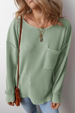 Hot Dear-Lover Solid Color Corded Drop Shoulder Long Sleeve Top Clearly Aqua
