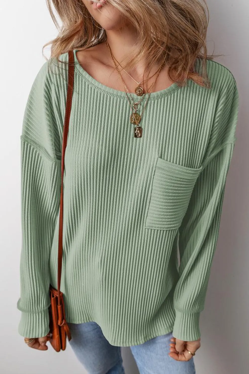 Hot Dear-Lover Solid Color Corded Drop Shoulder Long Sleeve Top Clearly Aqua