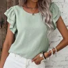 New Dear-Lover Solid Color Ruffled Short Sleeve Casual Blouse Clearly Aqua