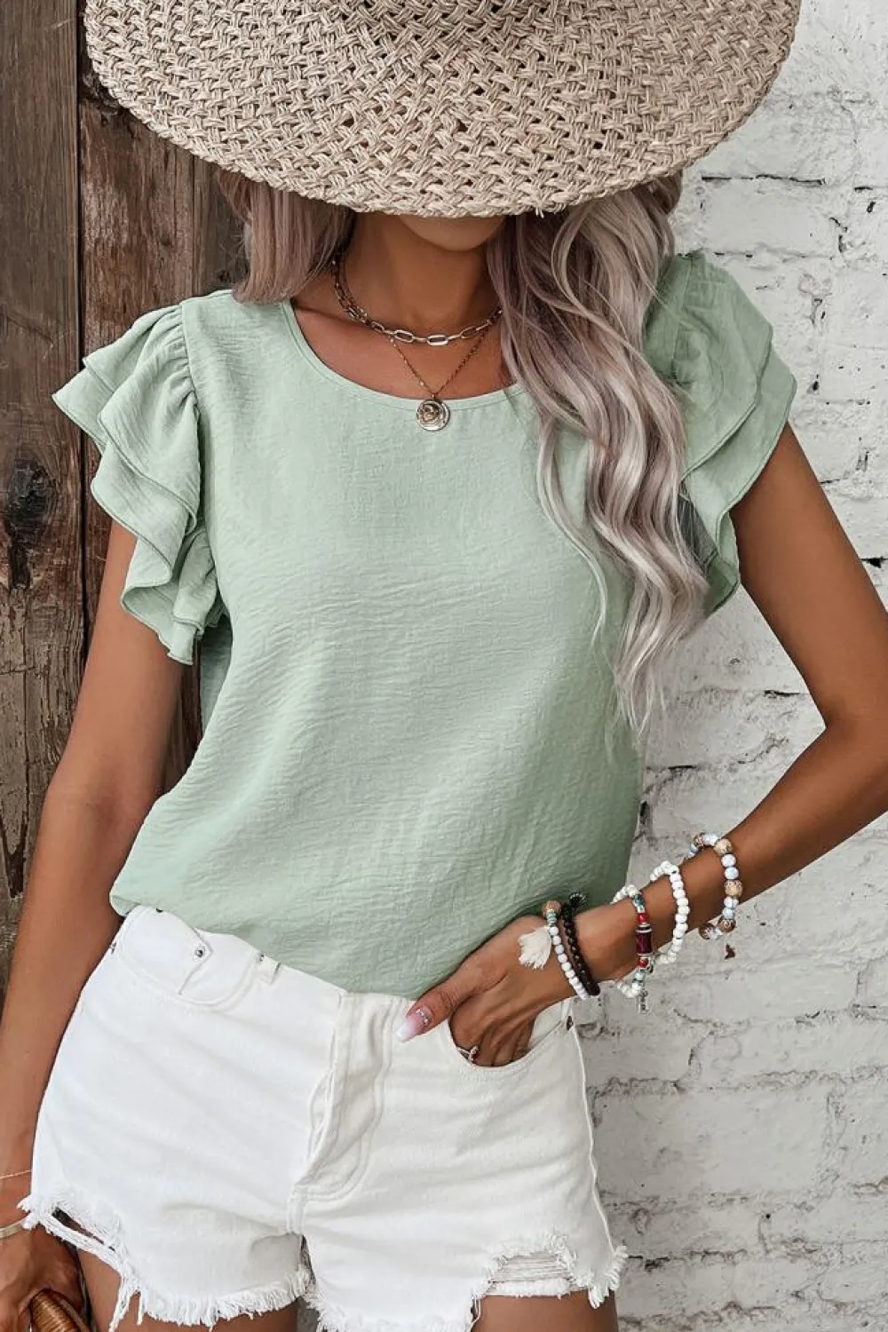 New Dear-Lover Solid Color Ruffled Short Sleeve Casual Blouse Clearly Aqua
