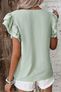 New Dear-Lover Solid Color Ruffled Short Sleeve Casual Blouse Clearly Aqua