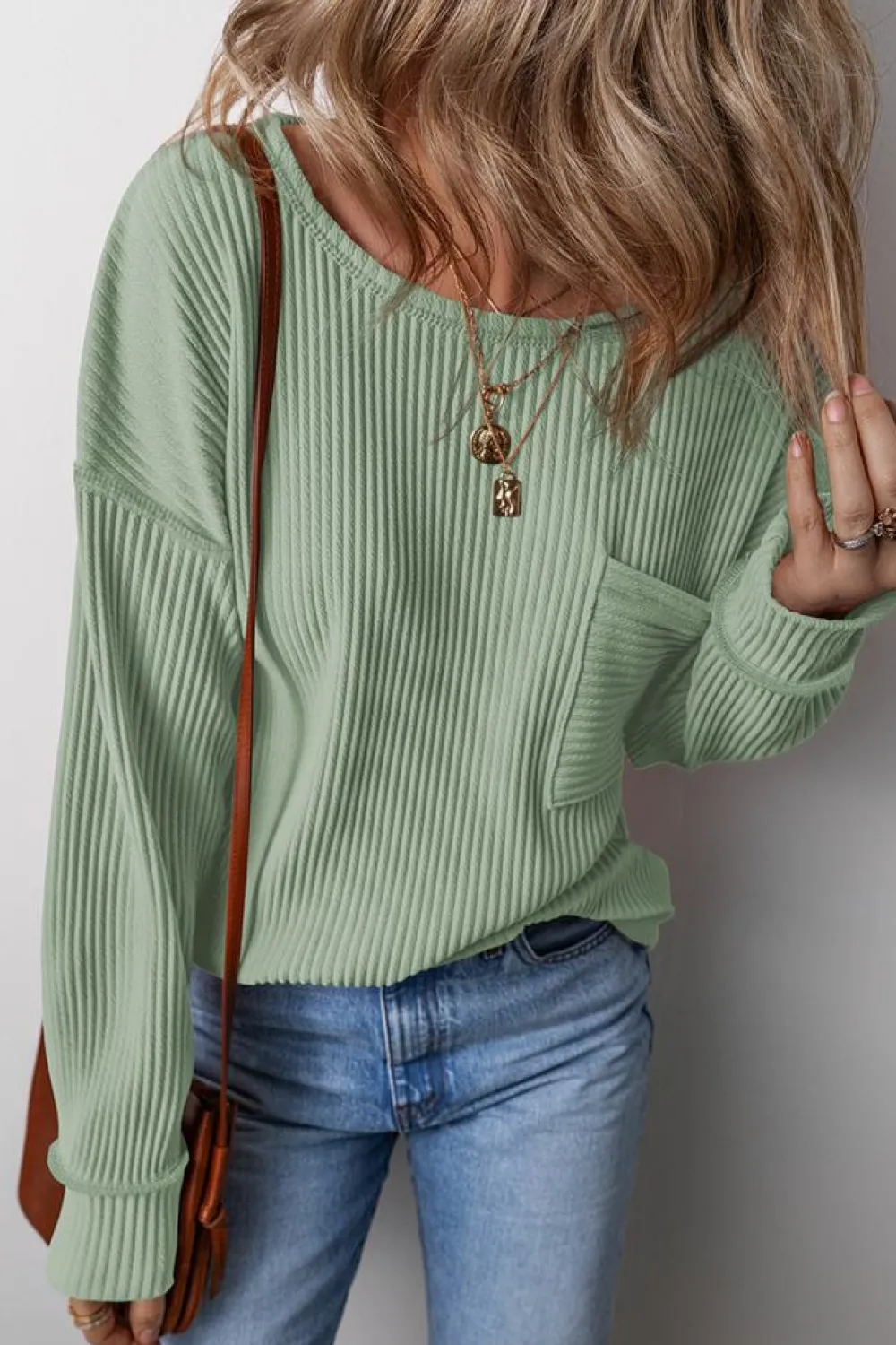 Hot Dear-Lover Solid Color Corded Drop Shoulder Long Sleeve Top Clearly Aqua