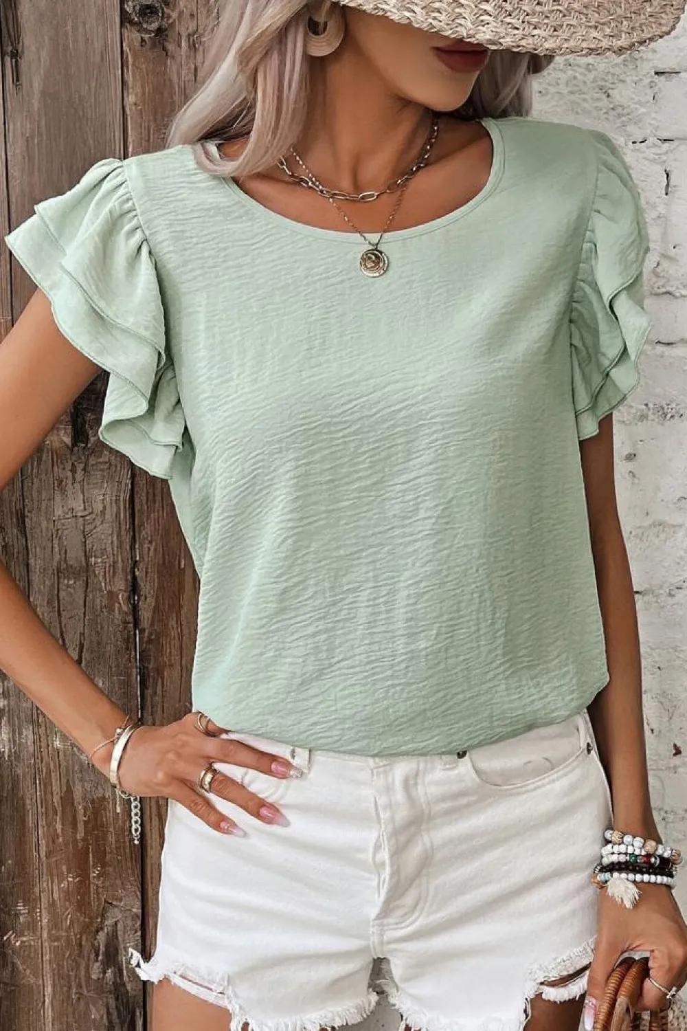 New Dear-Lover Solid Color Ruffled Short Sleeve Casual Blouse Clearly Aqua
