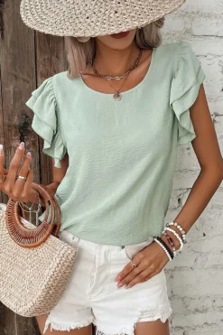 New Dear-Lover Solid Color Ruffled Short Sleeve Casual Blouse Clearly Aqua