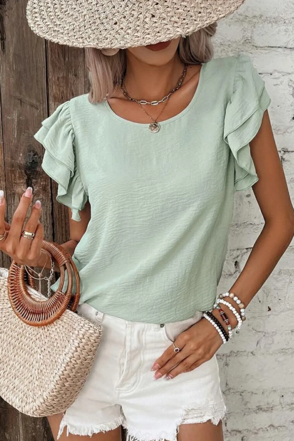 New Dear-Lover Solid Color Ruffled Short Sleeve Casual Blouse Clearly Aqua