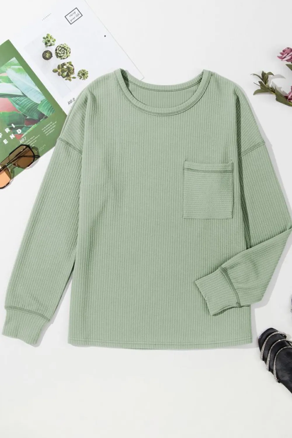 Hot Dear-Lover Solid Color Corded Drop Shoulder Long Sleeve Top Clearly Aqua