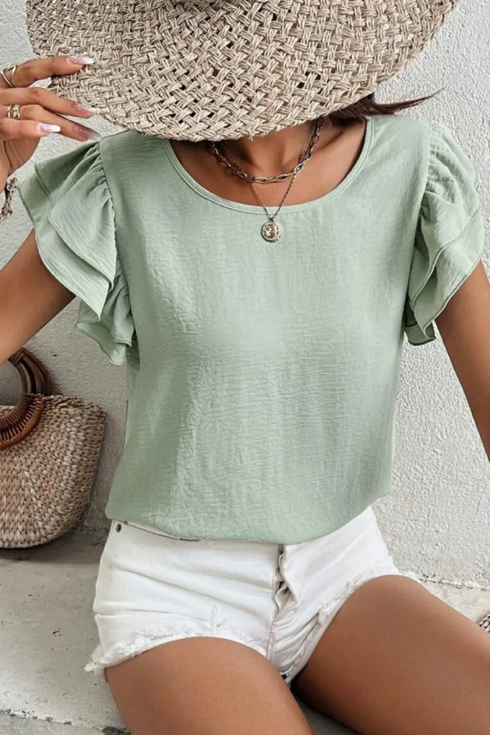 New Dear-Lover Solid Color Ruffled Short Sleeve Casual Blouse Clearly Aqua