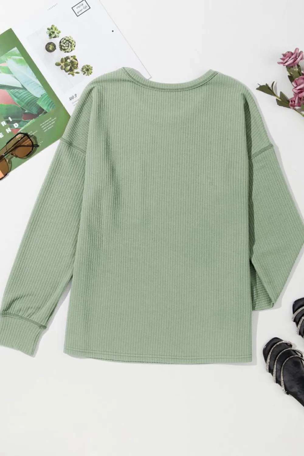 Hot Dear-Lover Solid Color Corded Drop Shoulder Long Sleeve Top Clearly Aqua