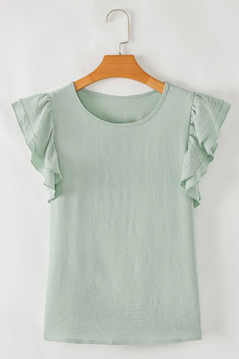 New Dear-Lover Solid Color Ruffled Short Sleeve Casual Blouse Clearly Aqua
