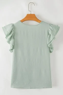 New Dear-Lover Solid Color Ruffled Short Sleeve Casual Blouse Clearly Aqua