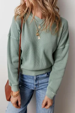 Outlet Dear-Lover Waffle Knit Drop Shoulder V Neck Top Clearly Aqua