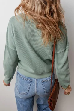 Outlet Dear-Lover Waffle Knit Drop Shoulder V Neck Top Clearly Aqua