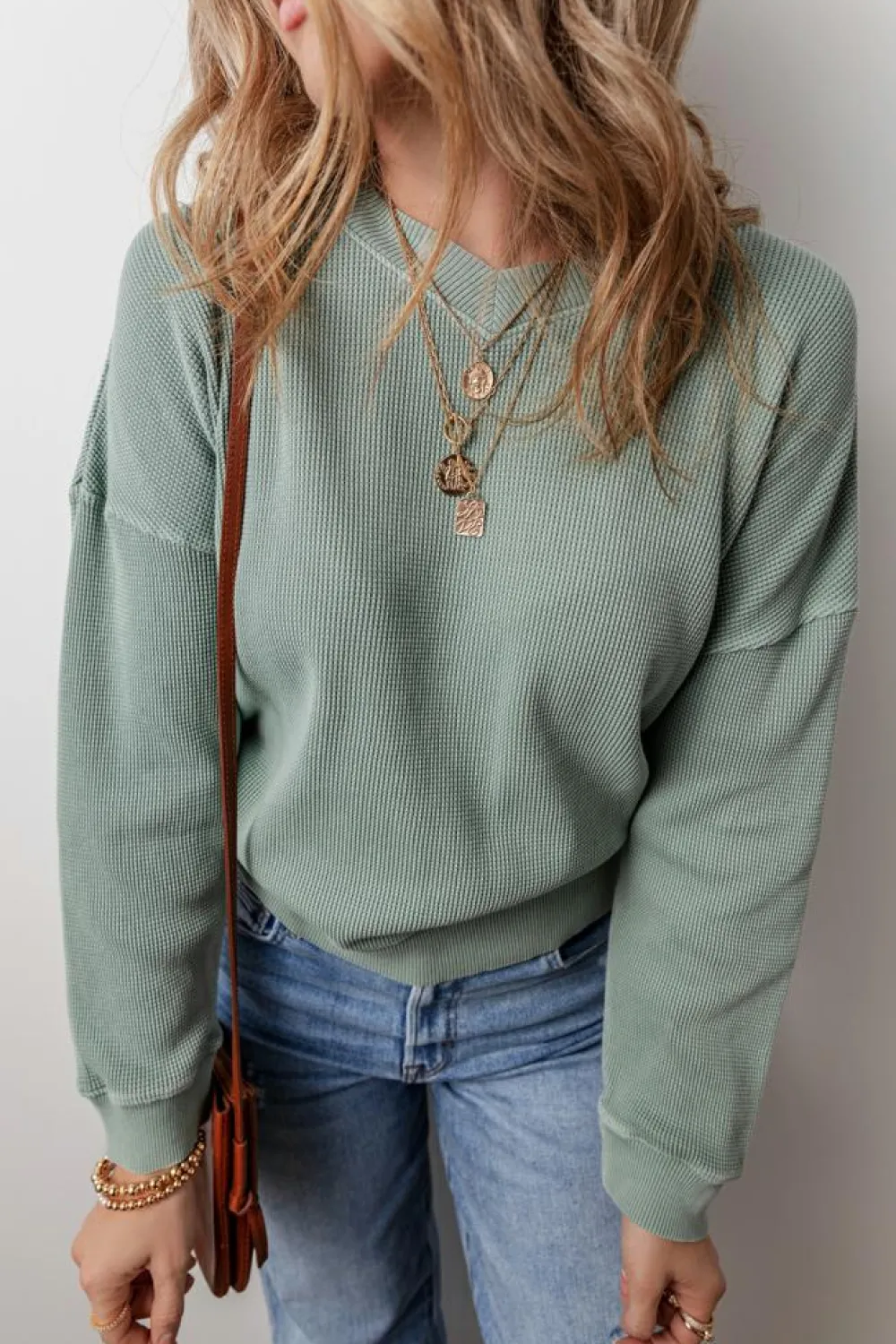 Outlet Dear-Lover Waffle Knit Drop Shoulder V Neck Top Clearly Aqua