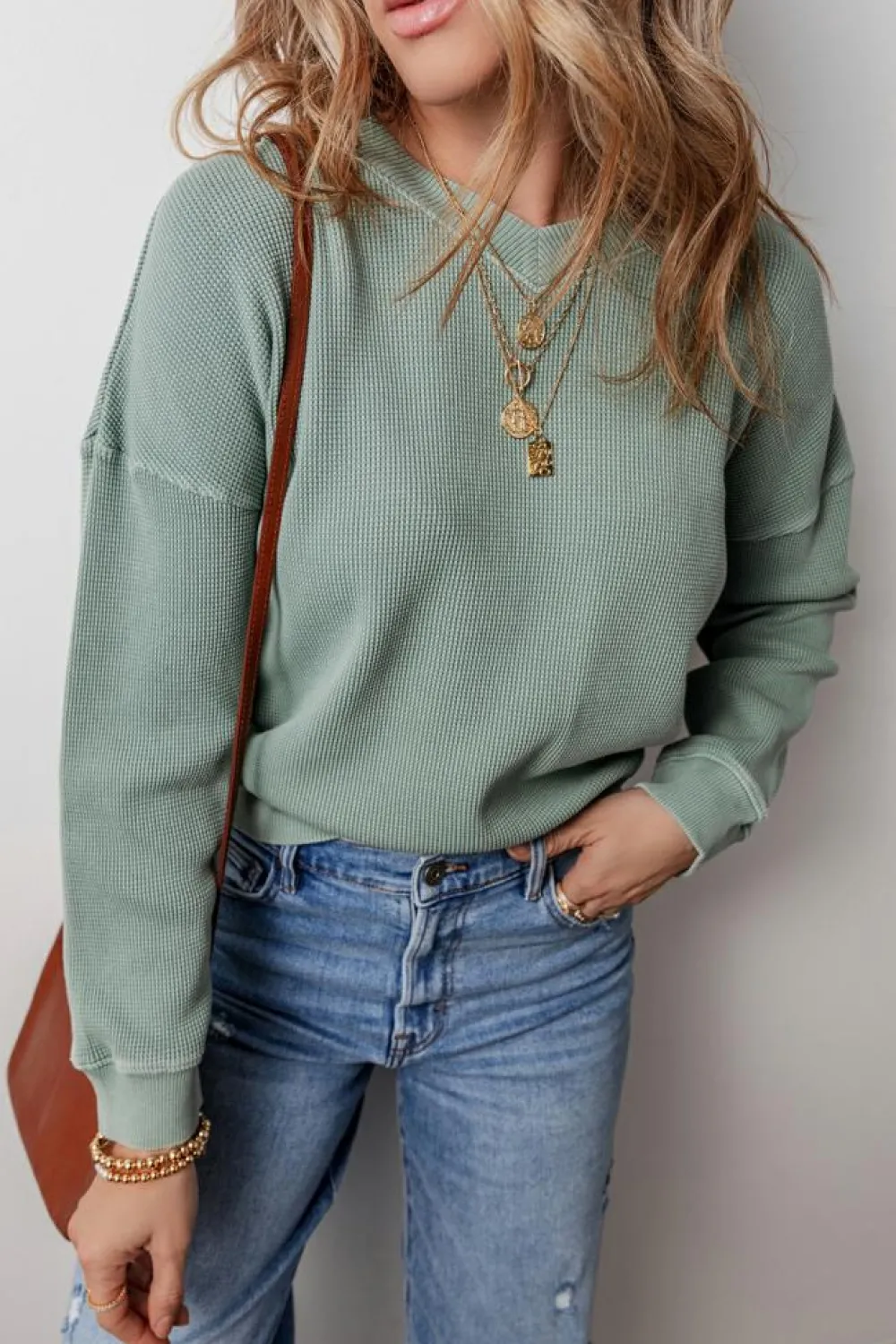 Outlet Dear-Lover Waffle Knit Drop Shoulder V Neck Top Clearly Aqua