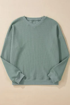 Outlet Dear-Lover Waffle Knit Drop Shoulder V Neck Top Clearly Aqua