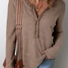 Clearance Dear-Lover Acid Wash Waffle Knit Buttoned Neckline Long Sleeve Top Coffee
