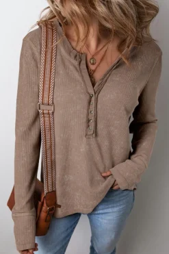 Clearance Dear-Lover Acid Wash Waffle Knit Buttoned Neckline Long Sleeve Top Coffee